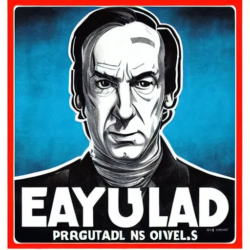 Image similar to “ dystopian propaganda poster of saul goodman as an evil overlord ”