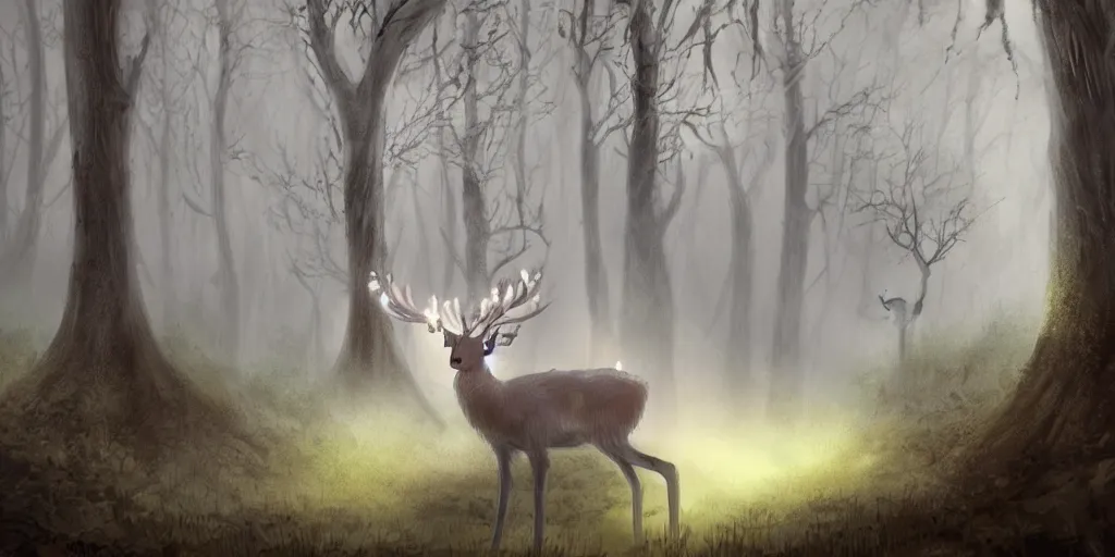 Prompt: fantasy concept art of a ghostly deer spirit with glowing antlers in a haunted forest