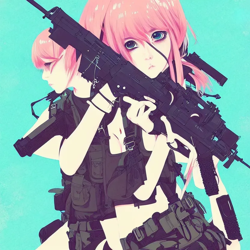 Image similar to girl with tactical gear, very anime!!! anime!! intricate details, aesthetically pleasing pastel colors, poster background, aesthetic details, art by conrad roset and ilya kuvshinov