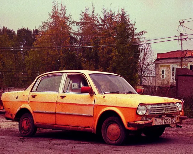 Image similar to a lomographic photo of old lada 2 1 0 7 standing in typical soviet yard in small town, hrushevka on background, cinestill, bokeh