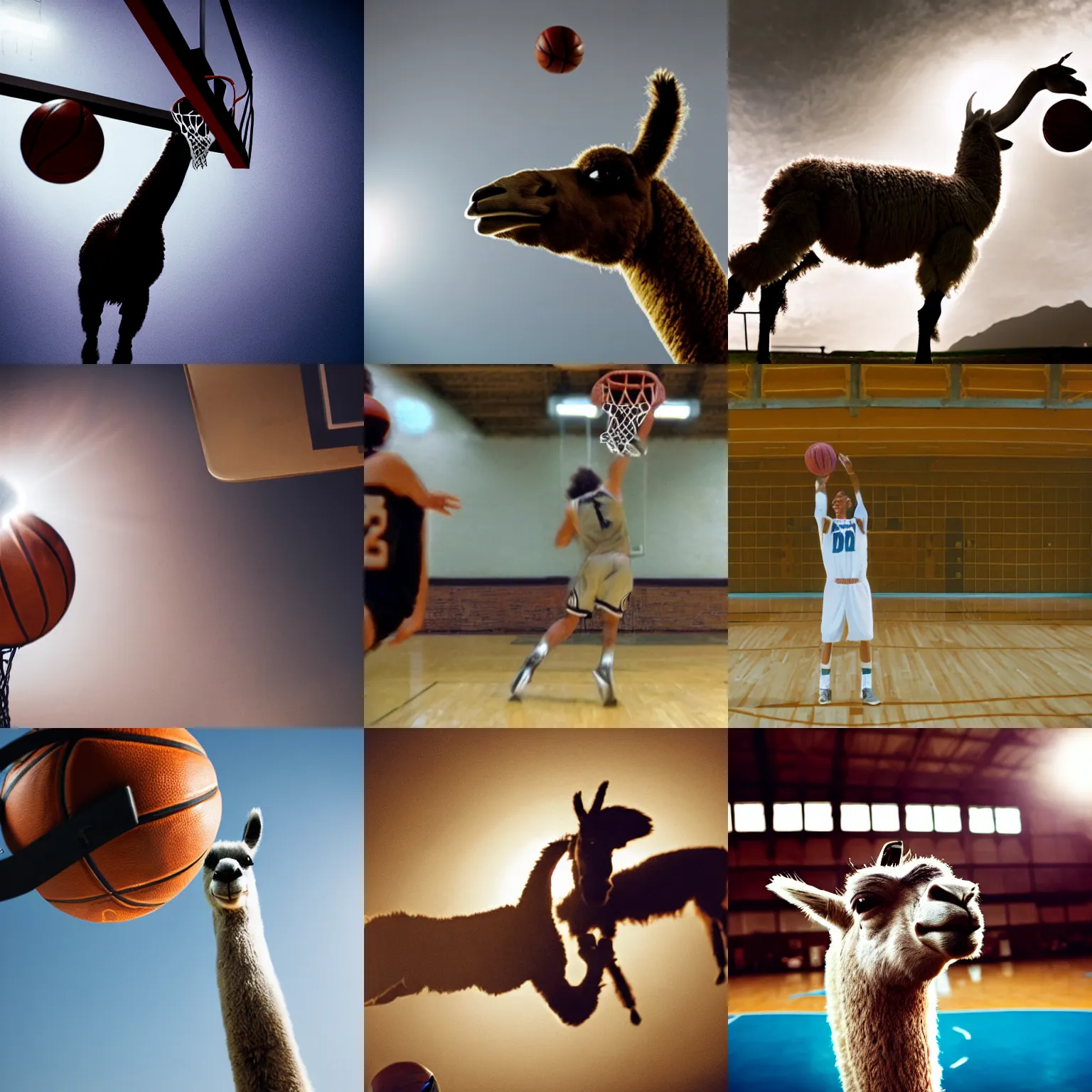 Prompt: film still of a llama dunking a basketball, low angle, extreme long shot, indoors, dramatic backlighting.