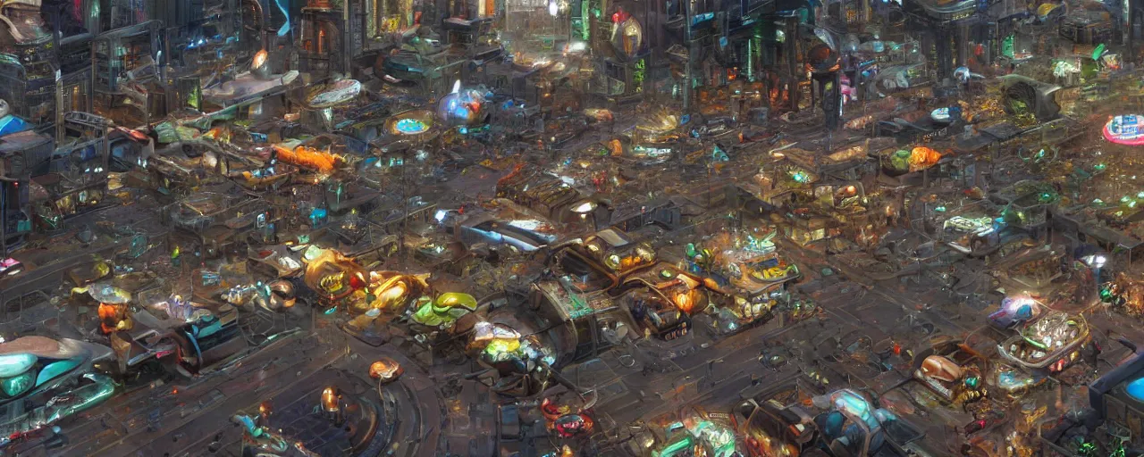 Prompt: a massive futuristic market and trading post at the center of a large advanced metropolis busy with activity lots of market signs aliens and people with a floating cars on the streets by craig mullins, neil blevins, dylan cole, james paick, hyper realistic, 8 k, vray render, artstation, deviantart,