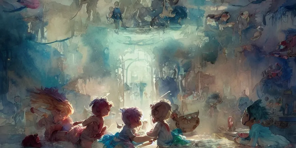 Prompt: a beautiful insanely intricate watercolor illustration of childs playing in children's room, colorfull, by william turner art, by greg rutkowski, by james jean, by rossdraws, by frank franzzeta, by sakimichan, by edmund dulac, trending on artstation, insanely detailed, masterpiece,