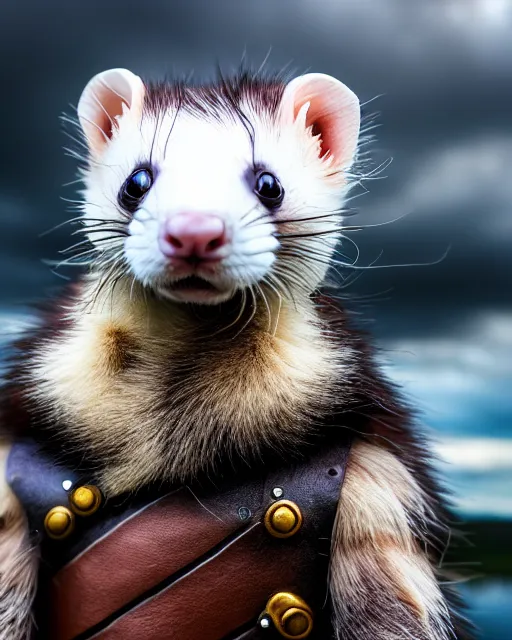 Image similar to ferret warrior, furry, fantasy, viking, high detailed, photography, cloudy, lightweight leather armour, scandinavia, plain, detailed face, look into the distance, serious face, full body, in full growth, professional photographer, masterpiece, 5 0 mm, extremely detailed, 8 k