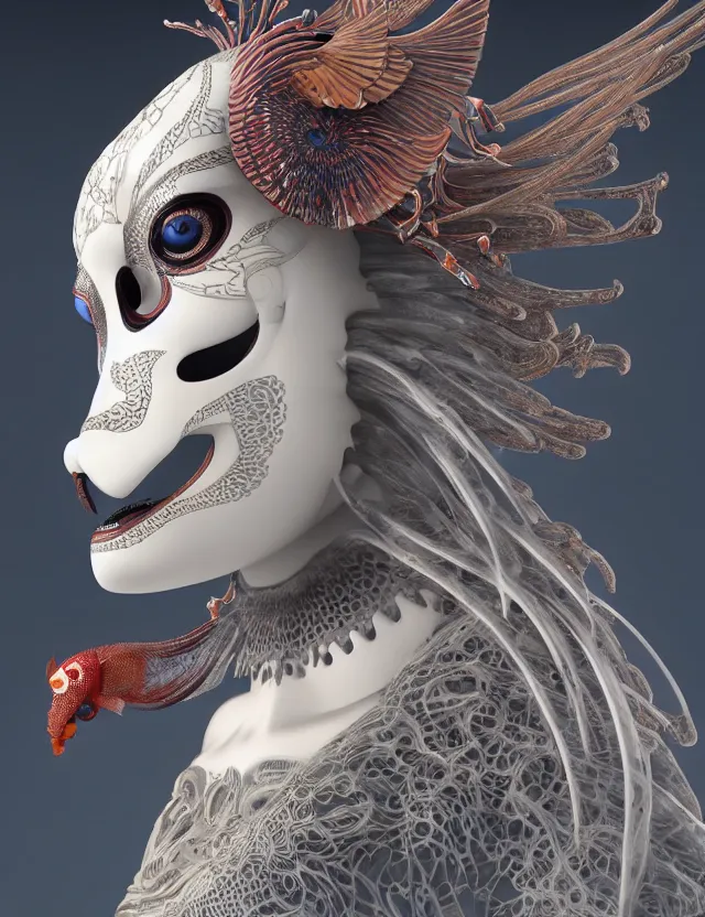 Image similar to 3 d goddess close - up profile portrait biomechanics with ram skull. beautiful intricately detailed japanese crow kitsune mask and clasical japanese kimono. betta fish, jellyfish phoenix, bio luminescent, plasma, ice, water, wind, creature, artwork by tooth wu and wlop and beeple and greg rutkowski