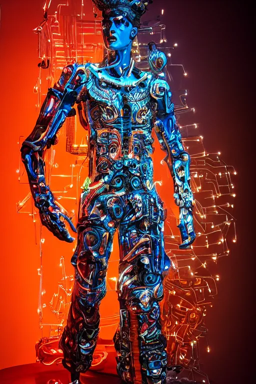 Image similar to full-body bladerunner neon baroque style sculpture of a handsome colombiano Maluma as a half cibernetic android with a chest opening exposing circuitry and electric sparks, glowing laser beam eyes, crown of giant diamonds, flowing neon-colored silk, fabric, raptors. intricate artwork by caravaggio. Trending on artstation, industrial lighting , photorealistic, octane render, 8k, depth of field, 3D