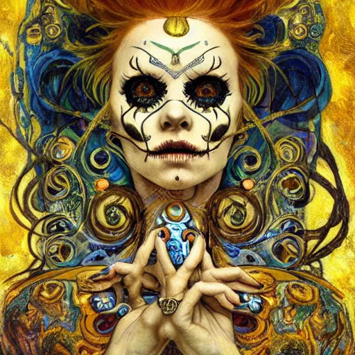 Image similar to Memento Mori by Karol Bak, Jean Deville, Gustav Klimt, and Vincent Van Gogh, beautiful visionary mystical portrait, calavera, otherworldly, fractal structures, ornate gilded medieval icon, third eye, spirals, sugar skull