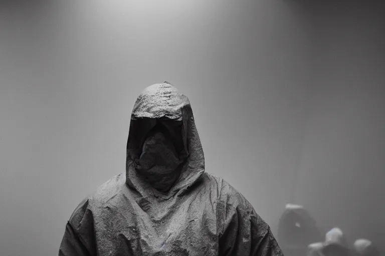 Image similar to a cinematic portrait of a prisoner dressed in a a black and white hazmat suit in a cell, dust storm, lee madgwick and zack snyder, 8 k, hd, high resolution, 8 5 mm, f / 1. 8