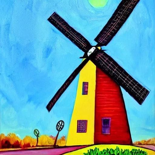 Image similar to bosch painting of a windmill using lisa frank colors