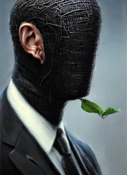 Image similar to an black suit with a flowery shrub growing out of the neck hole instead of a head, intricate, highly detailed, concept art, hyperrealistic, oil painting by greg staples, 8 k