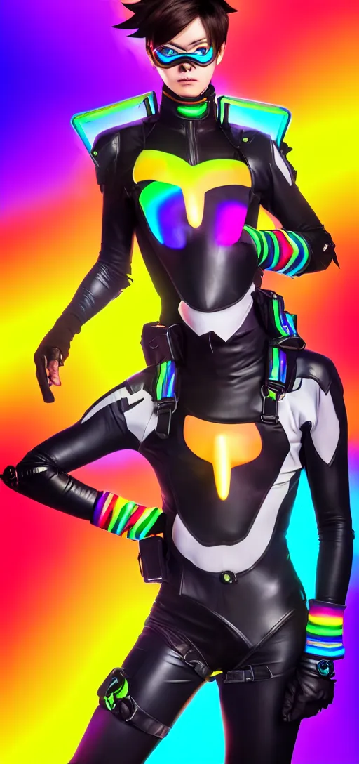 Prompt: full body overwatch style oil painting portrait of tracer overwatch, confident pose, wearing black jagged iridescent rainbow latex armor, rainbow, neon, 4 k, expressive surprised expression, makeup, wearing large rainbow neon choker, studio lighting, black leather harness, expressive detailed face and eyes,