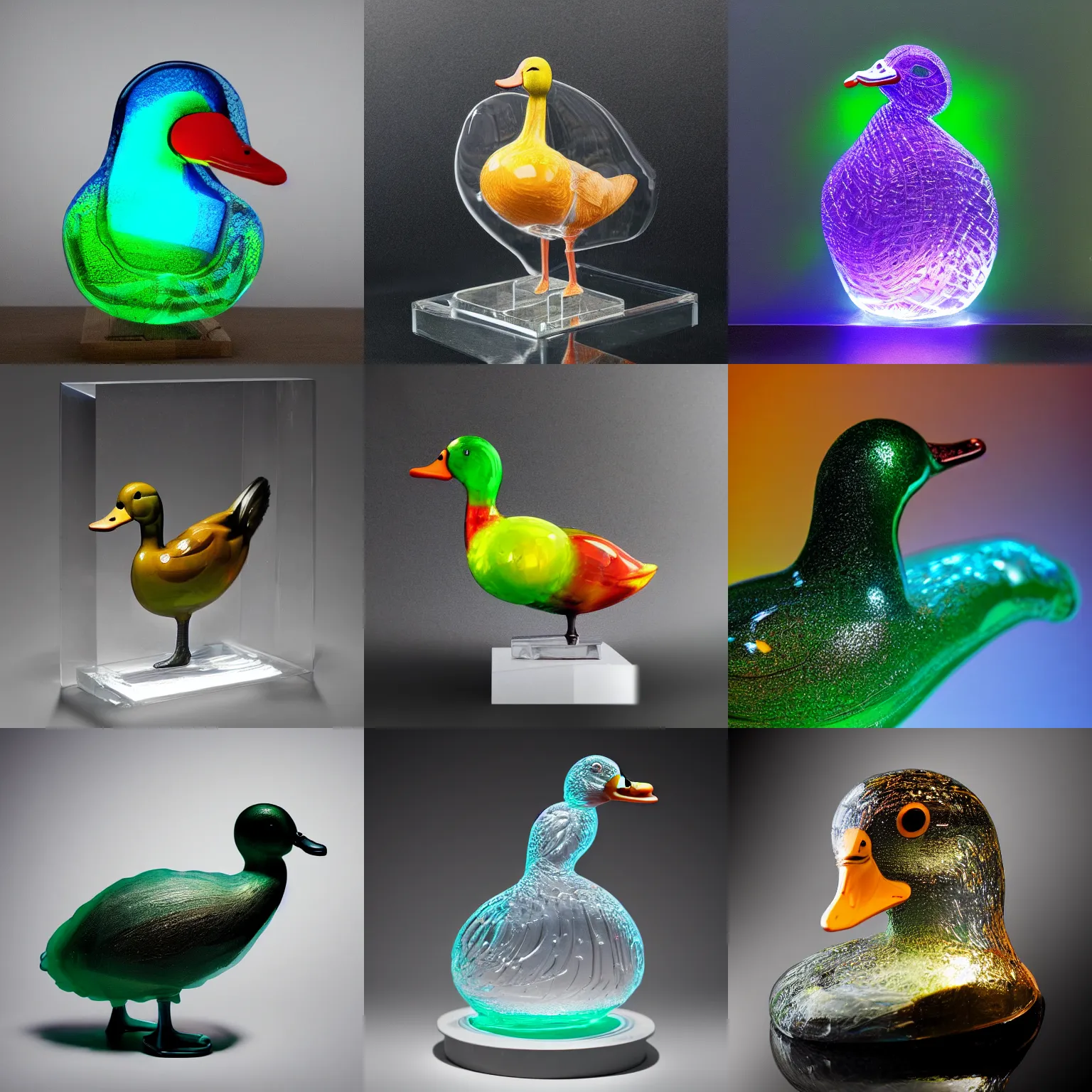 Prompt: portrait of a transparent sculpture of a duck made out of glass, vivid background, trending on artstation