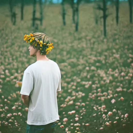 Prompt: kodak portra 4 0 0 photograph of a skinny blonde guy standing in field of dead trees, back view, flower crown, moody lighting, telephoto, 9 0 s vibe, blurry background, vaporwave colors, faded!,