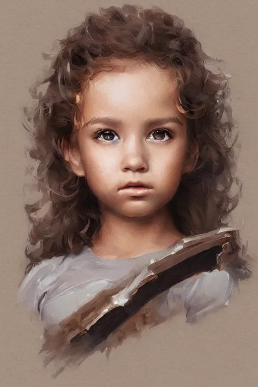 Image similar to a little girl with a michievous face and light brown curly hair. she is dressed as a superhero. clean elegant painting, beautiful detailed face. by artgerm and greg rutkowski