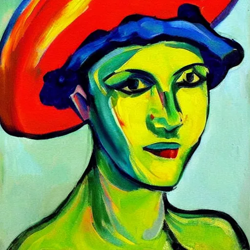 Prompt: a painting of a woman's face in a green hat, a pop art painting by max pechstein, featured on deviantart, fauvism, fauvism, pop art, acrylic art