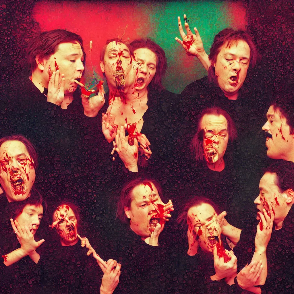 Image similar to weird and disturbing portrait of bill hicks and mike patton puking blood, vivid colors, happy, neon, art by ( ( ( kuvshinov ilya ) ) ) and wayne barlowe and gustav klimt and artgerm and wlop and william - adolphe bouguereau