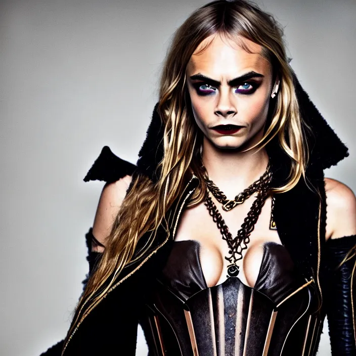 Image similar to professional full length photograph of cara delevingne as a vampire warrior. Extremely detailed. 8k