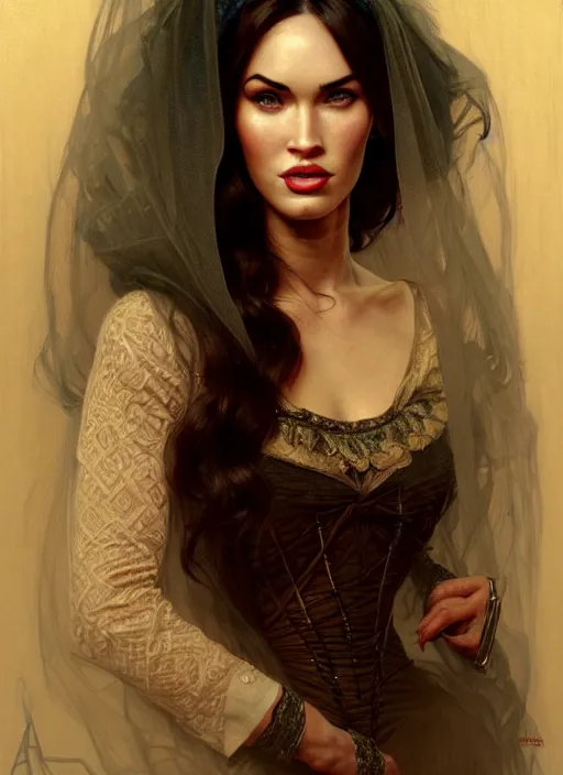 Prompt: portrait of megan fox in victorian dress, 1 8 9 0, veil, intricate, headshot, highly detailed, digital painting, artstation, concept art, sharp focus, cinematic lighting, illustration, art by artgerm and greg rutkowski, alphonse mucha, cgsociety