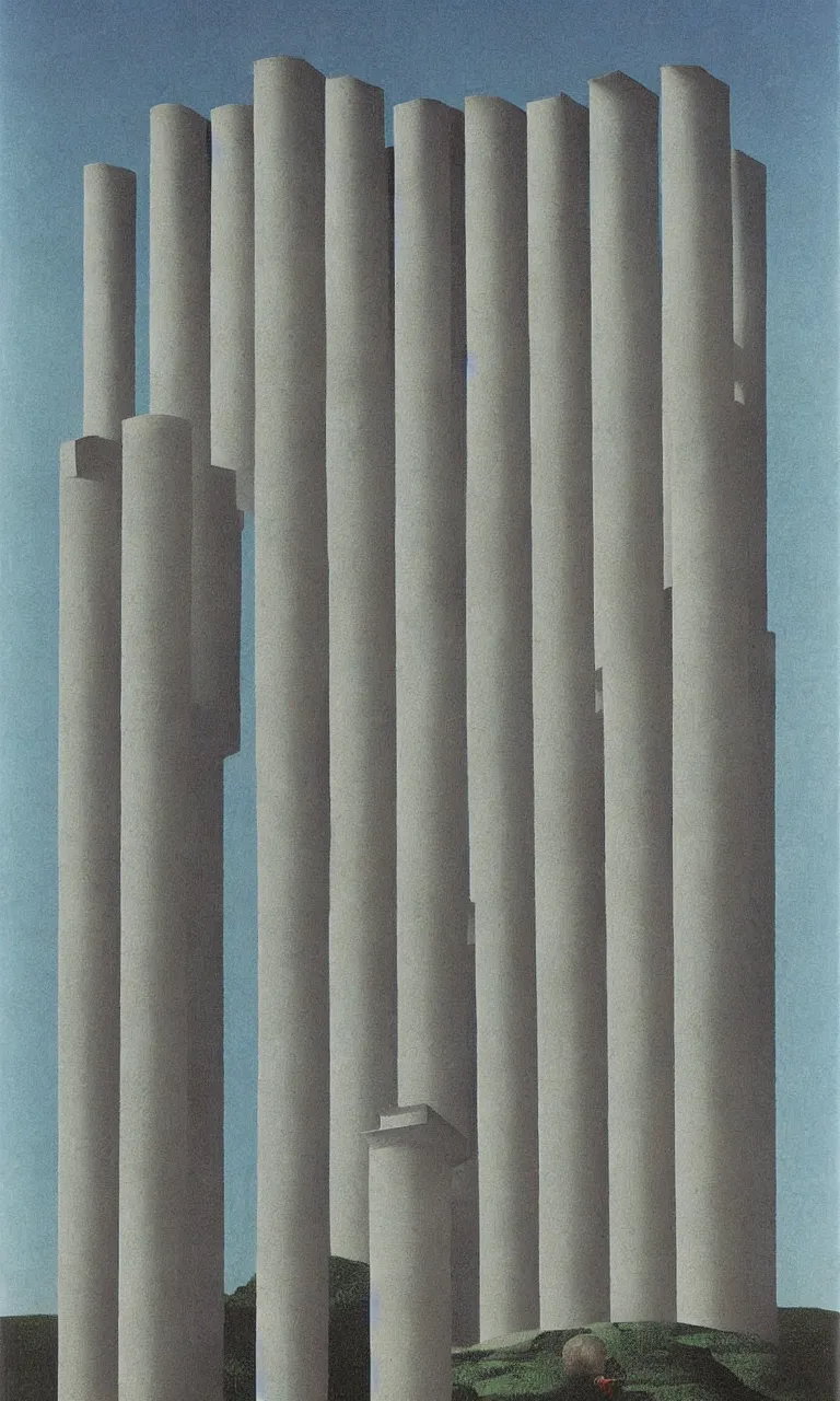 Image similar to surreal greek doric column brutalist spomenik structure, Bauhaus Poster by Richard Corben by René Magritte, surrealism