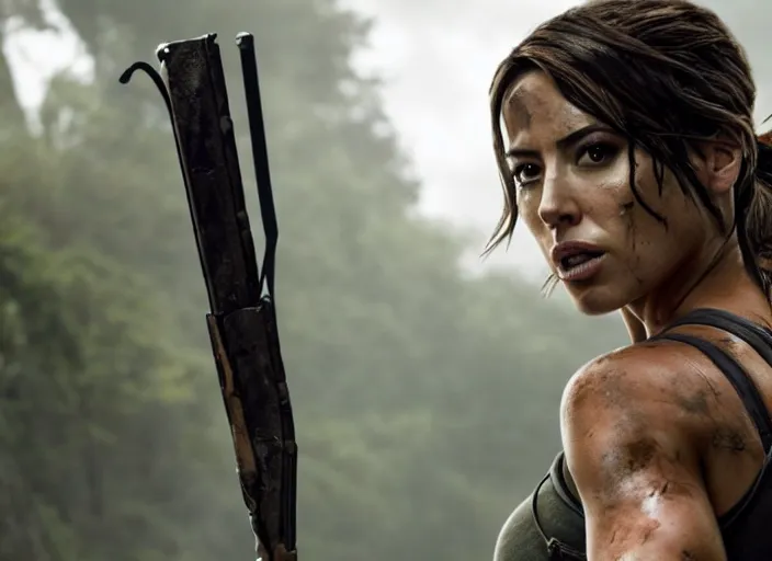 Image similar to film still of!!!! chloe bennett!!! as lara croft in new tomb raider movie, 8 k