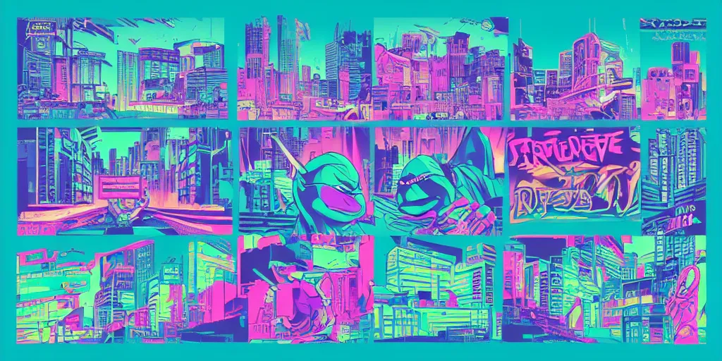 Prompt: vaporwave, vector graphics, ninja turtles, synthwave, neon, cityscape