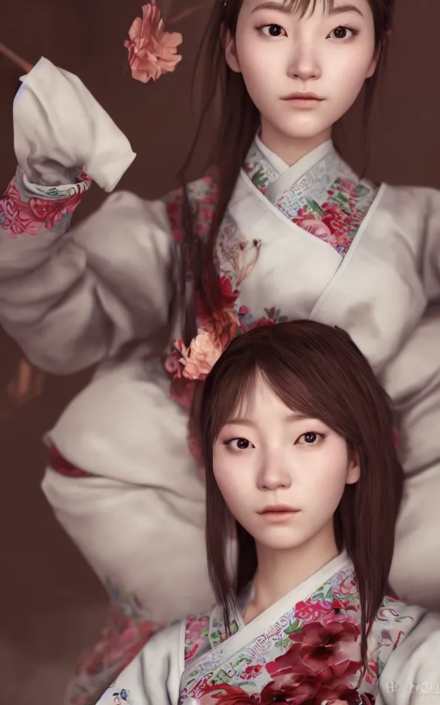 Prompt: Portrait of korean girl, cute face, wearing korean dress hanbok, by charlie bowater, beauty expressive pose, but as a photograph, photorealism, daz3d genesis iray render, cinematic lighting, HDRI, 8k textures