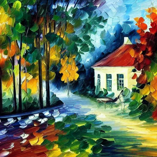 Image similar to a cottage with a garden, leonid afremov