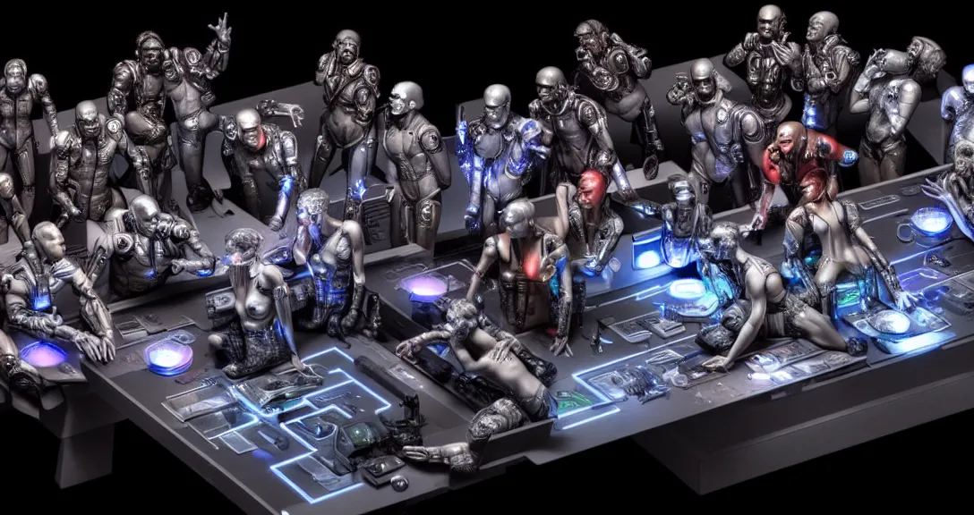 Prompt: war, 13 diverse cyborgs on one_side of a reflective !cybernetic table, posing_as_last_supper, inticrate detailed glowing implants, highly detailed, dramatic lighting, electrical details, high details, beautiful lighting