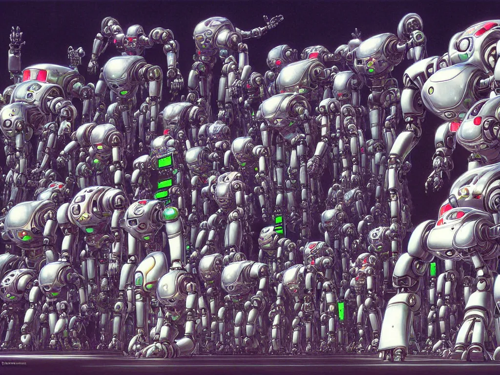 Image similar to programmers bowing down to their robot overlord by Yoshitaka Amano