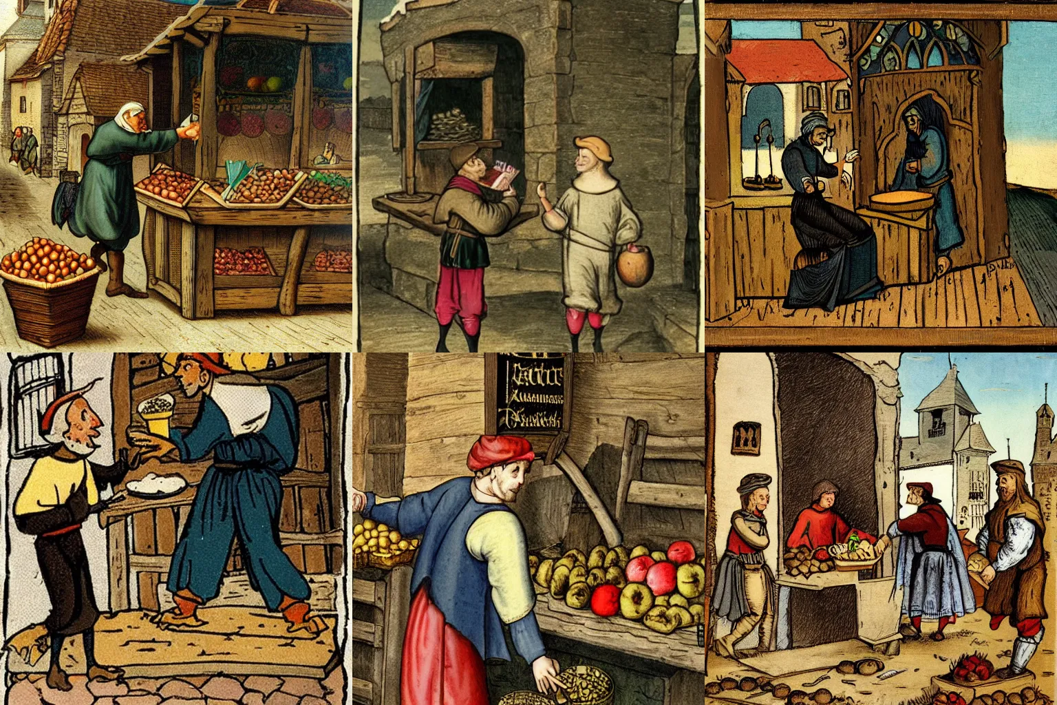 Prompt: thief stealing from a medieval apple stand