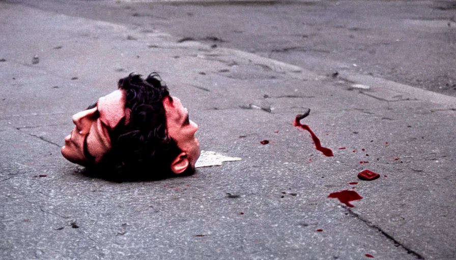 Image similar to 1 9 7 0 s movie still of maximilien de robespierre's head on the pavement with blood, cinestill 8 0 0 t 3 5 mm, high quality, heavy grain, high detail, cinematic composition, dramatic light, anamorphic, ultra wide lens, hyperrealistic