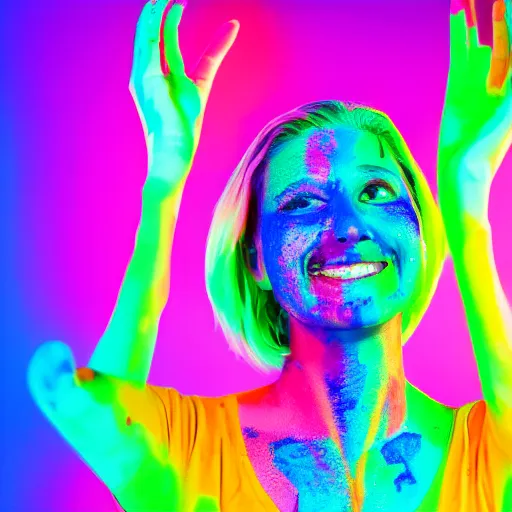 Image similar to a fullbody potrait photo of a female smiling, painted her body with ultraviolet paint, 5 0 mm lens, f 1. 4, sharp focus, ethereal, emotionally evoking, head in focus, volumetric lighting, 8 k