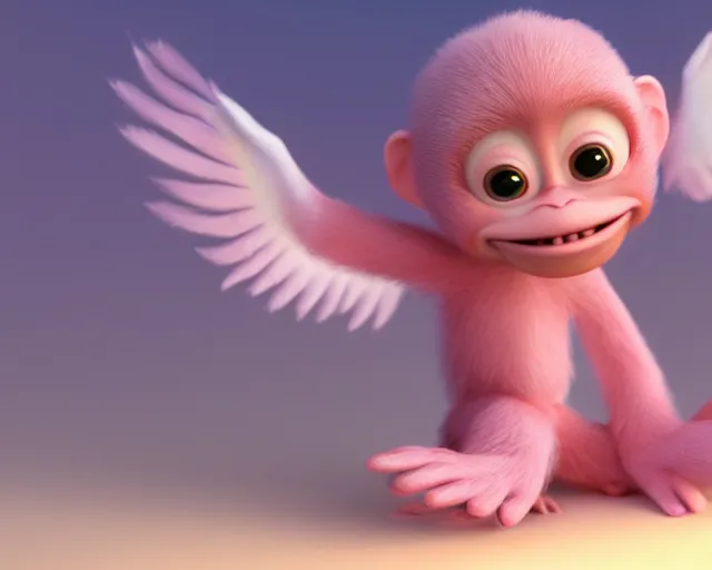 Prompt: 3D Pixar movie animation render of the cutest little pink fluffy monkey capuchin with angel wings with a big lovely grin smile sweet adorable cherub, octane render, pastel colors, soft clouds and soft gradient background