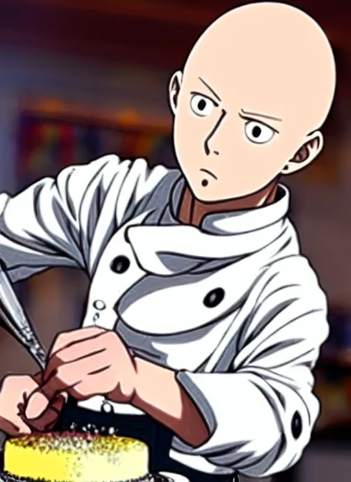 Image similar to chef saitama one punch man, dressed as a pastry chef, focused at making a cake, beautiful anime artwork