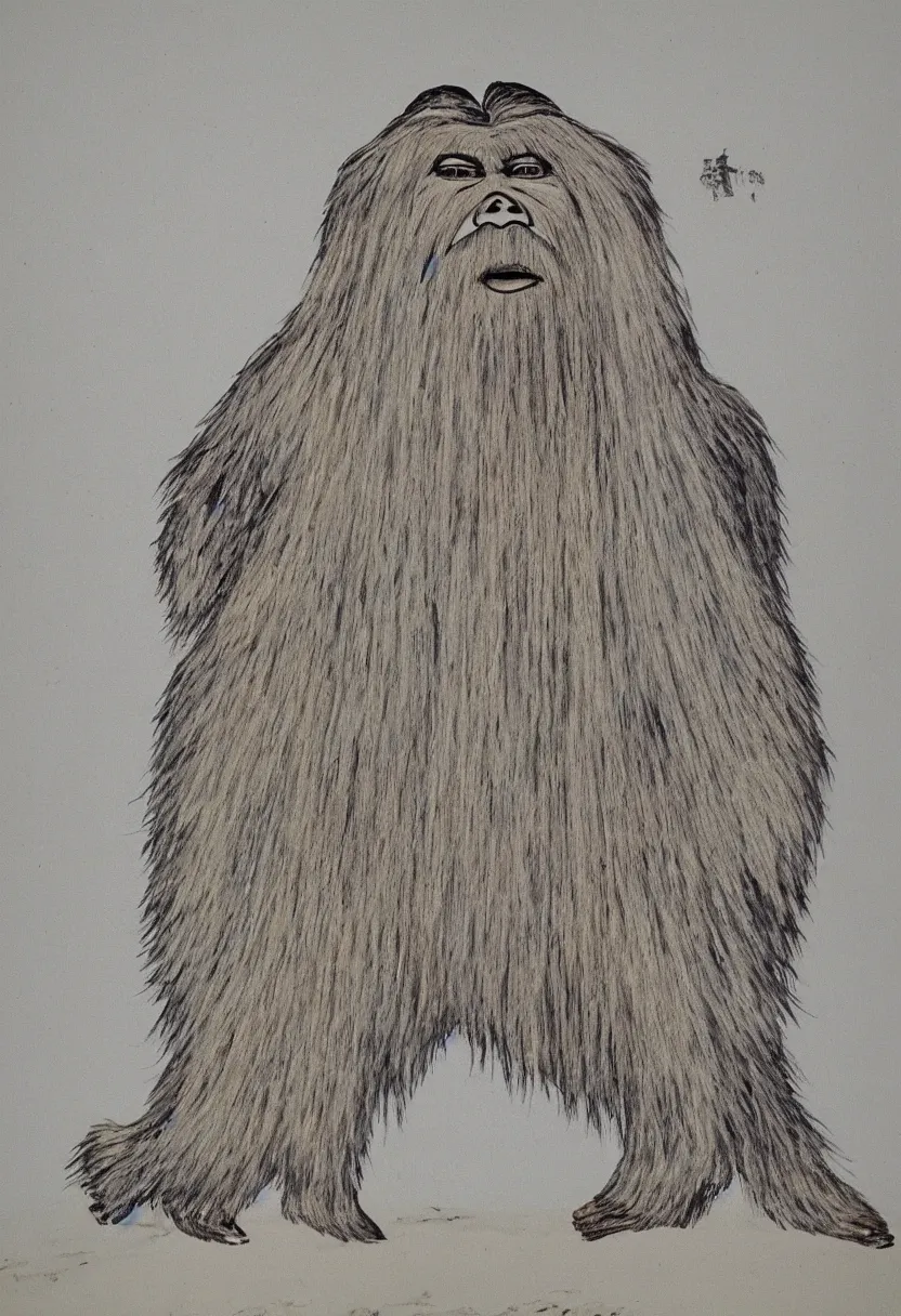 Image similar to inuit painting of one yeti standing on the tundra