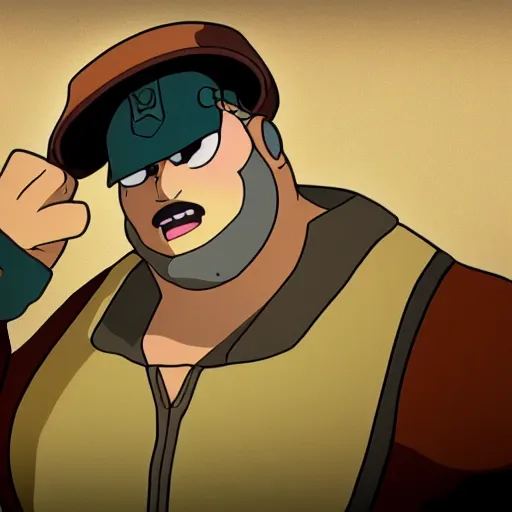 Prompt: Heavy from Team Fortress 2 in a Studio Ghibli film, cell shaded, anime