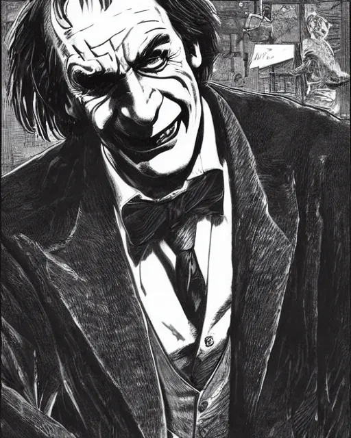 Prompt: portrait of saul goodman as the joker, illustration, art by makoto shinkai and peter elson, bernie wrightson