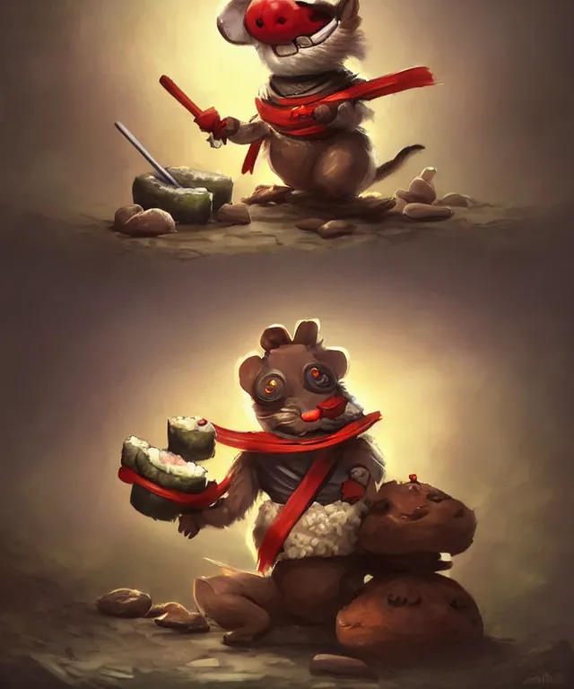 Image similar to anthropomorphic hamster ninja eating sushi, ninja outfit, two arms, standing in a beautiful landscape, cute and adorable, dnd character art portrait, matte fantasy painting, deviantart artstation, by jason felix by steve argyle by tyler jacobson by peter mohrbacher, cinematic lighting