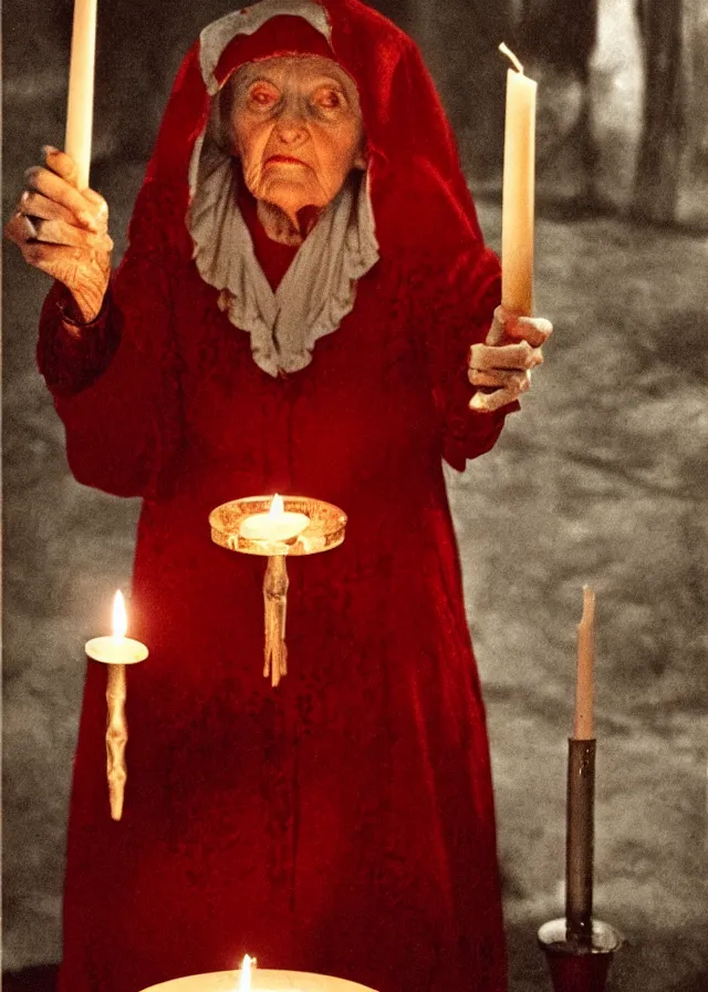 Prompt: a seance conducted by an old woman dressed in red, candle light, ghosts, ominous, by federico fellini