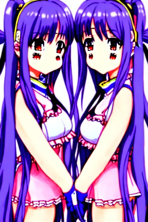 Prompt: two beautiful female idols with twintails facing each other, detailed anime art