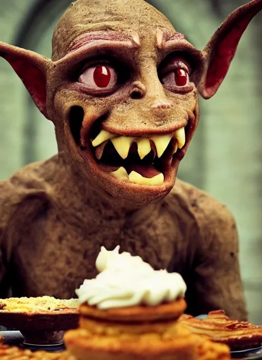 Image similar to closeup portrait of a medieval goblin eating cakes in the cloisters, depth of field, zeiss lens, detailed, symmetrical, centered, fashion photoshoot, by Annie Leibovitz and Steve McCurry, David Lazar, Jimmy Nelsson, Breathtaking, 8k resolution, extremely detailed, beautiful, establishing shot, artistic, hyperrealistic, beautiful face, octane render