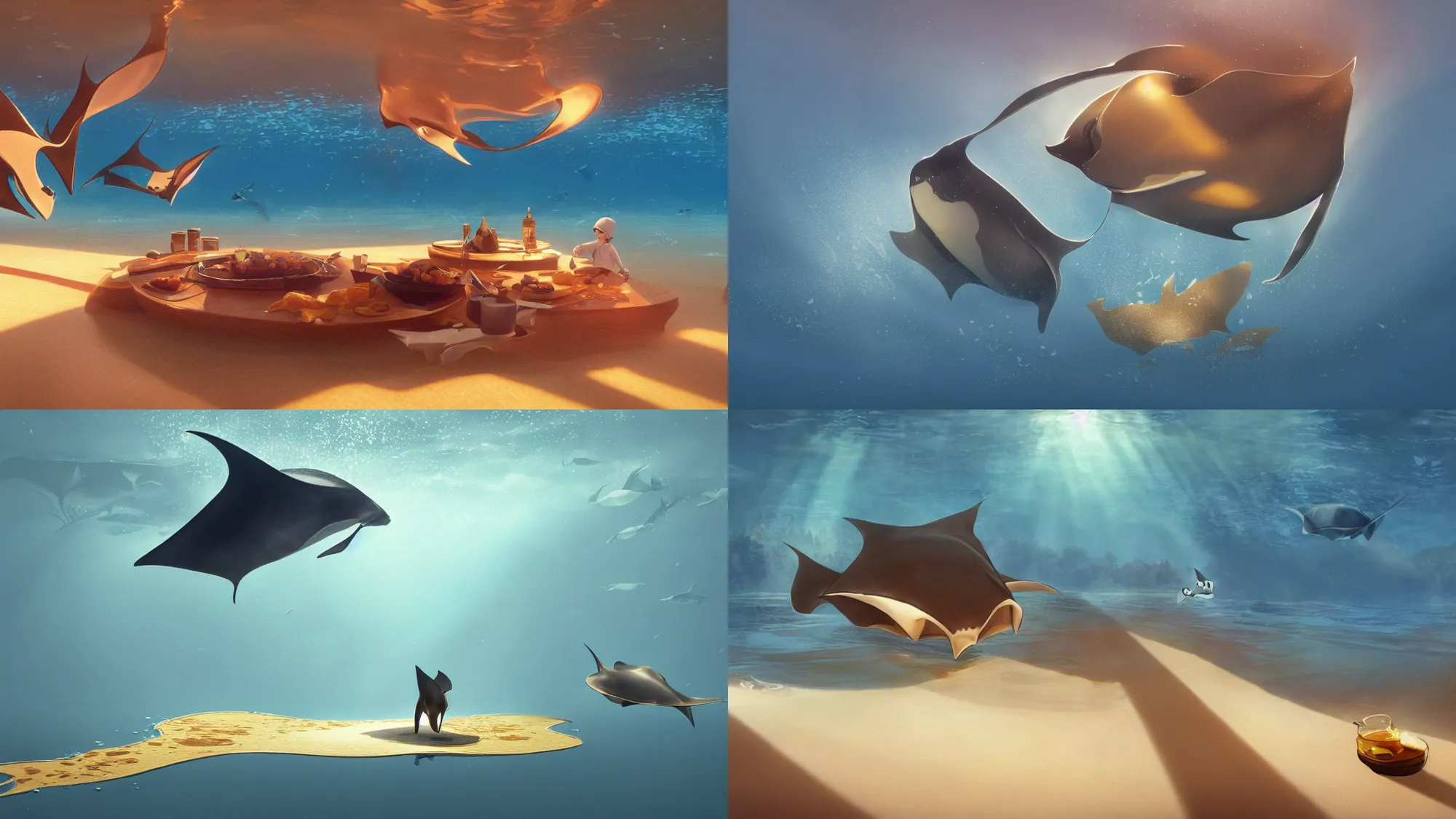 Prompt: a pancake manta ray swimming in maple syrup, cute, 4 k, 8 k, maple syrup sea, golden brown atmospheric ray traced lighting, detailed award - winning beautiful lighting composition 3 d octane render, by greg rutkowski, studio ghibli