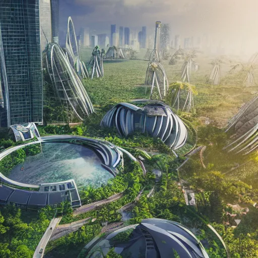 Image similar to a futuristic eco city utopia, plants, buildings, vegetation, ambient, nature, landscape, nature, technology, trending on artstation, deviantart, octane render, unreal engine, high detail, high definiton, ultra realistic, hyper realistic, 4 k, hd