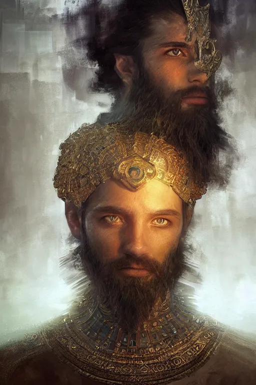 Prompt: babylonian god, portrait, powerfull, intricate, elegant, volumetric lighting, scenery, digital painting, highly detailed, artstation, sharp focus, illustration, concept art, ruan jia, steve mccurry