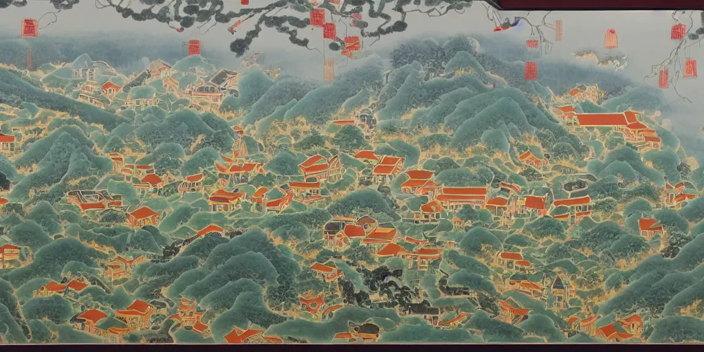 Prompt: A modern fine-art Chinese shanshui painting of the Laurentian region.