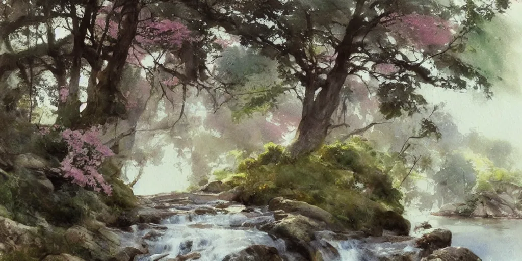 Prompt: abstract watercolor painting of wild waterfall, oak trees, rocky shore, morning, pastel!! cyan and pink accents, art by anders zorn, wonderful masterpiece by greg rutkowski, very very very beautiful cinematic light, american romanticism by greg manchess, creation by tyler edlin