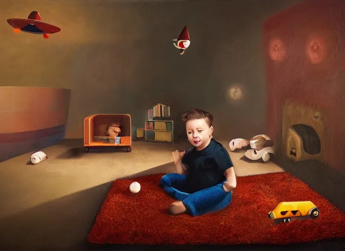 Prompt: lonely toddler elon musk sitting on a shaggy rug playing with his little space rockets, bedroom, realistic painting, beautiful soft lighting, istvan sandorfi