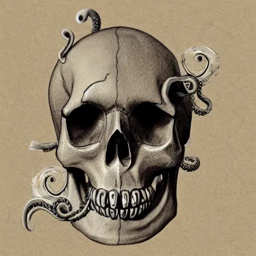 Image similar to skull of a pirate with tentacles protruding out of it's eye socket at the bottom of the ocean photo realistic