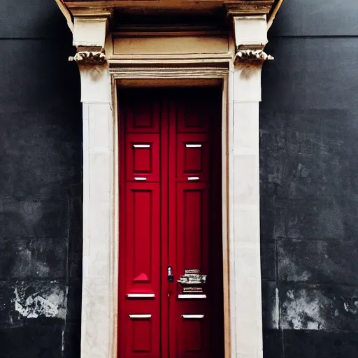 Prompt: A photo of a closed red metallic door and a wall of black marble, majestic and misterious