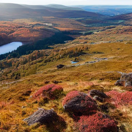 Prompt: autumnal view from the top of a scottish mountain with heather, pine forests, blue skies, rivers and cirrus clouds